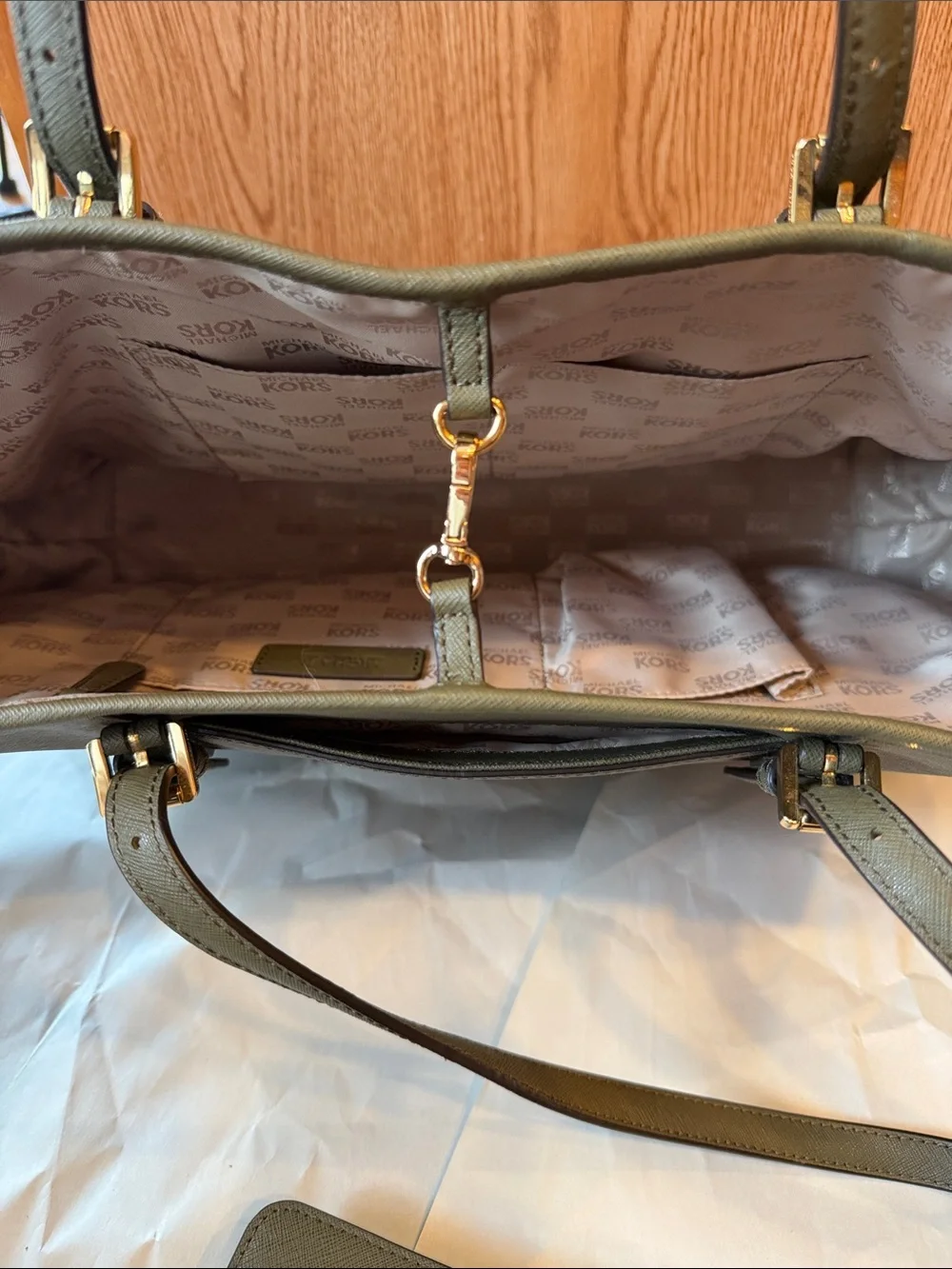 Michael Kors Olive Green Saffiano Tote with Gold Hardware